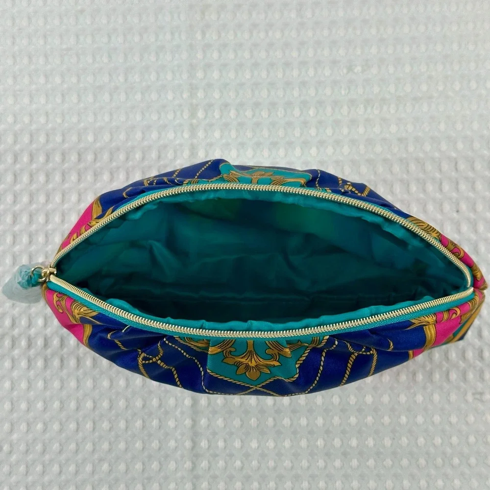 Estee Lauder Cosmetic Makeup Blue Pink Gold Tassel Zipper‎ Pouch Recycled Fabric
